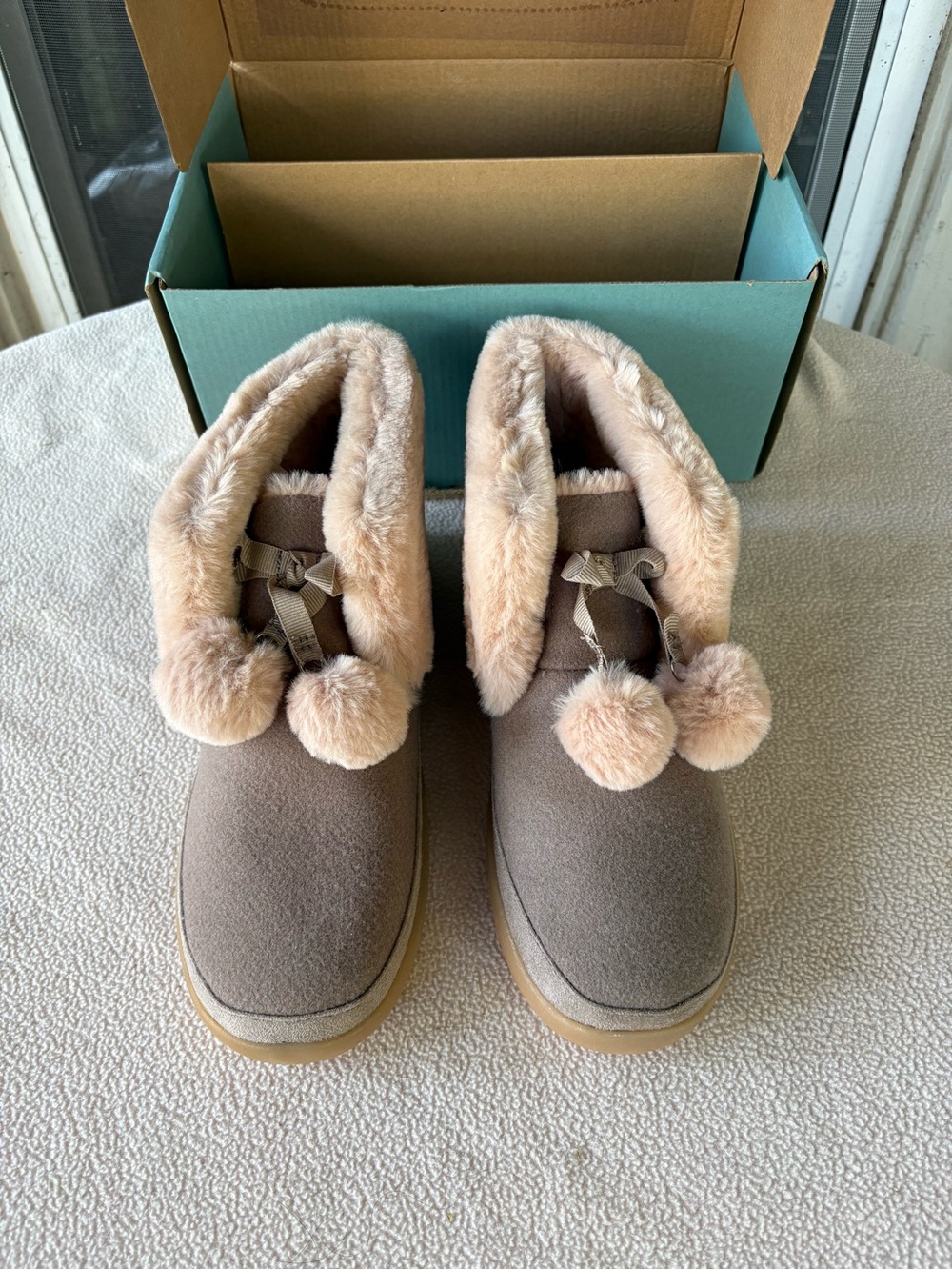 Toms Taupe Faux Fur Pom-Pom Ankle Slippers